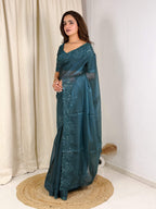 Evanik Teal Glass Satin Jecquard Weaving With Thread Sequence Work Saree With Blouse - Distacart
