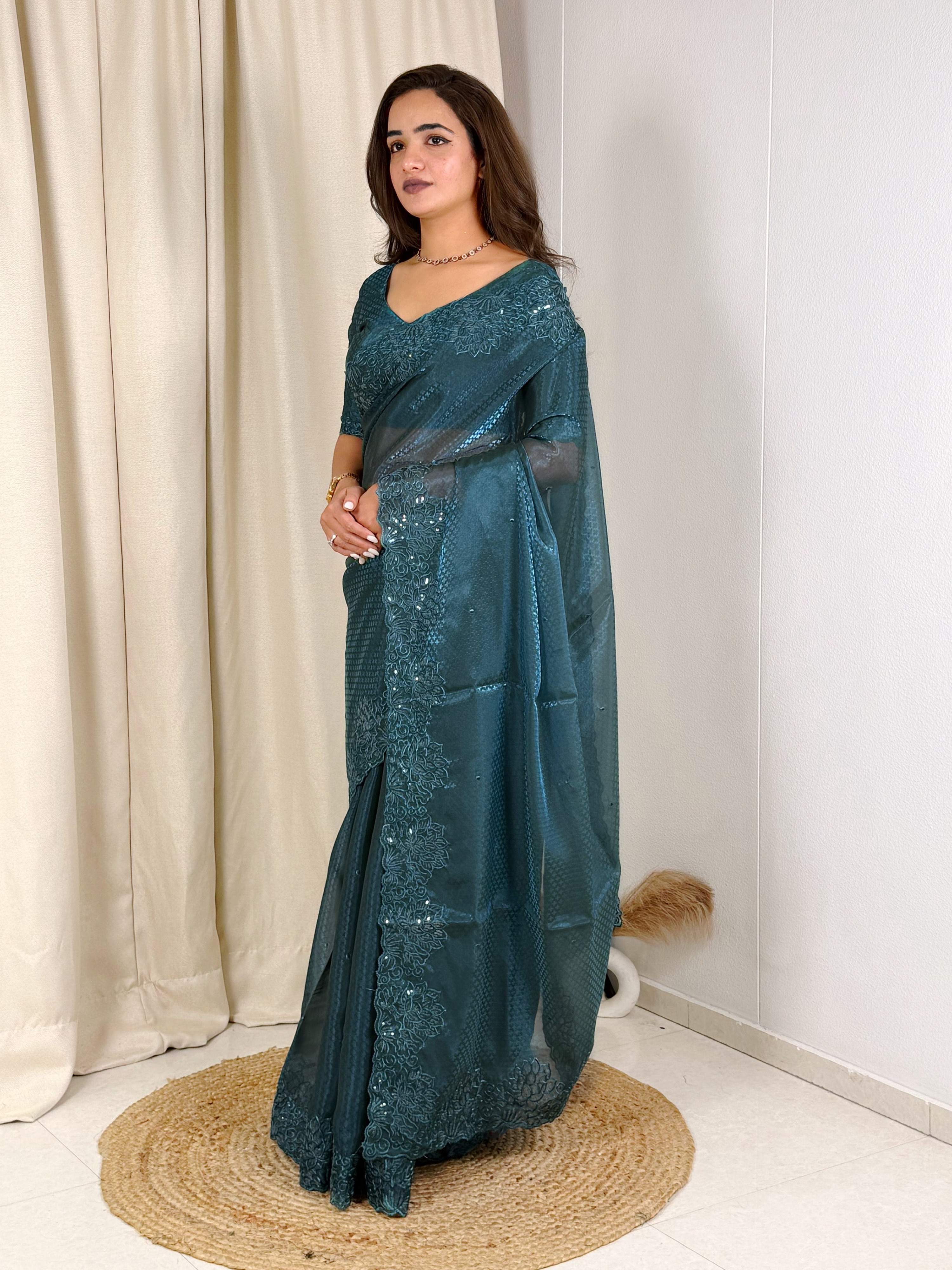 Evanik Teal Glass Satin Jecquard Weaving With Thread Sequence Work Saree With Blouse - Distacart