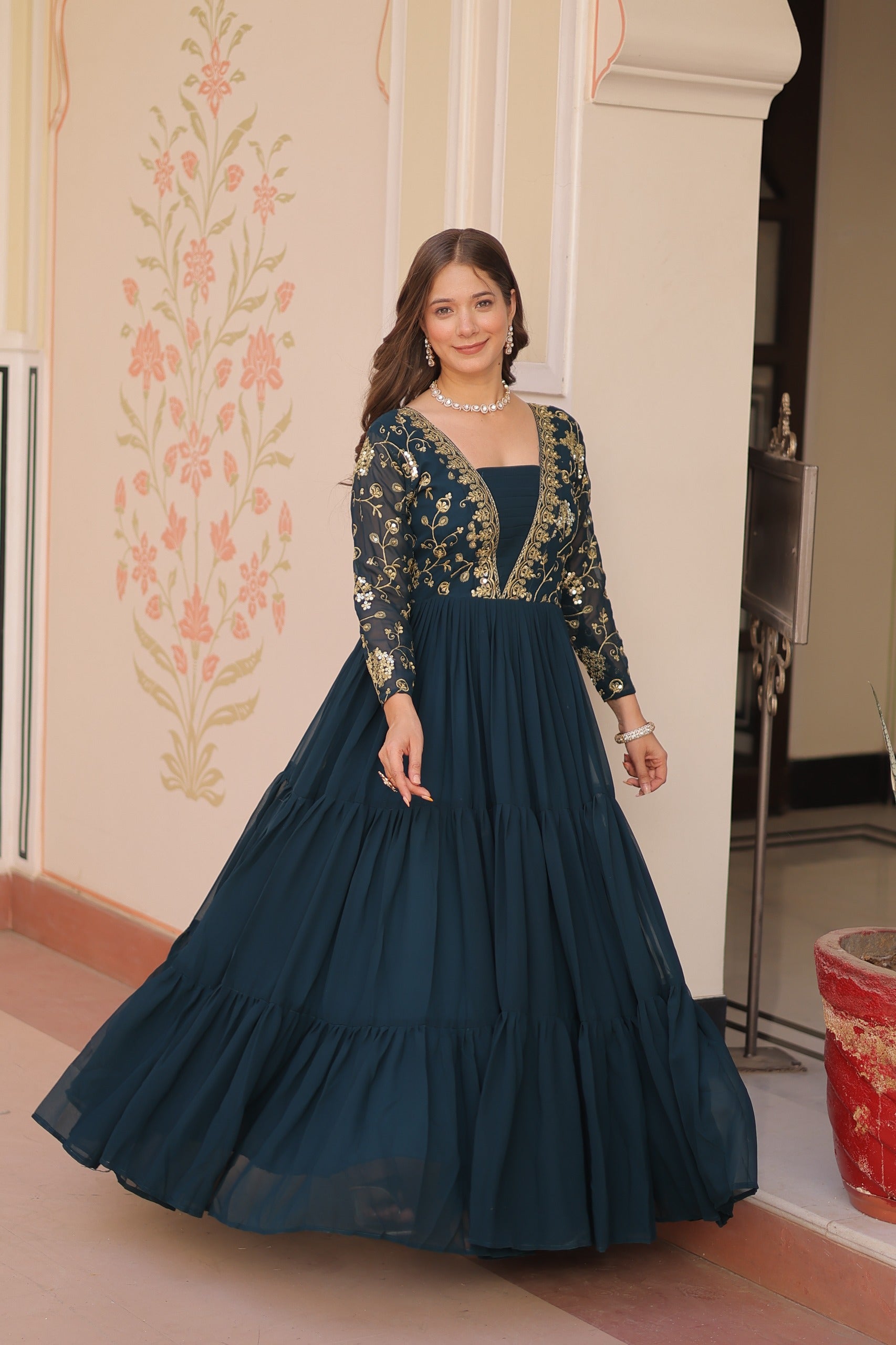 Evanik Teal Faux Blooming With Sequins & Zari Embroidered work Gown - Distacart