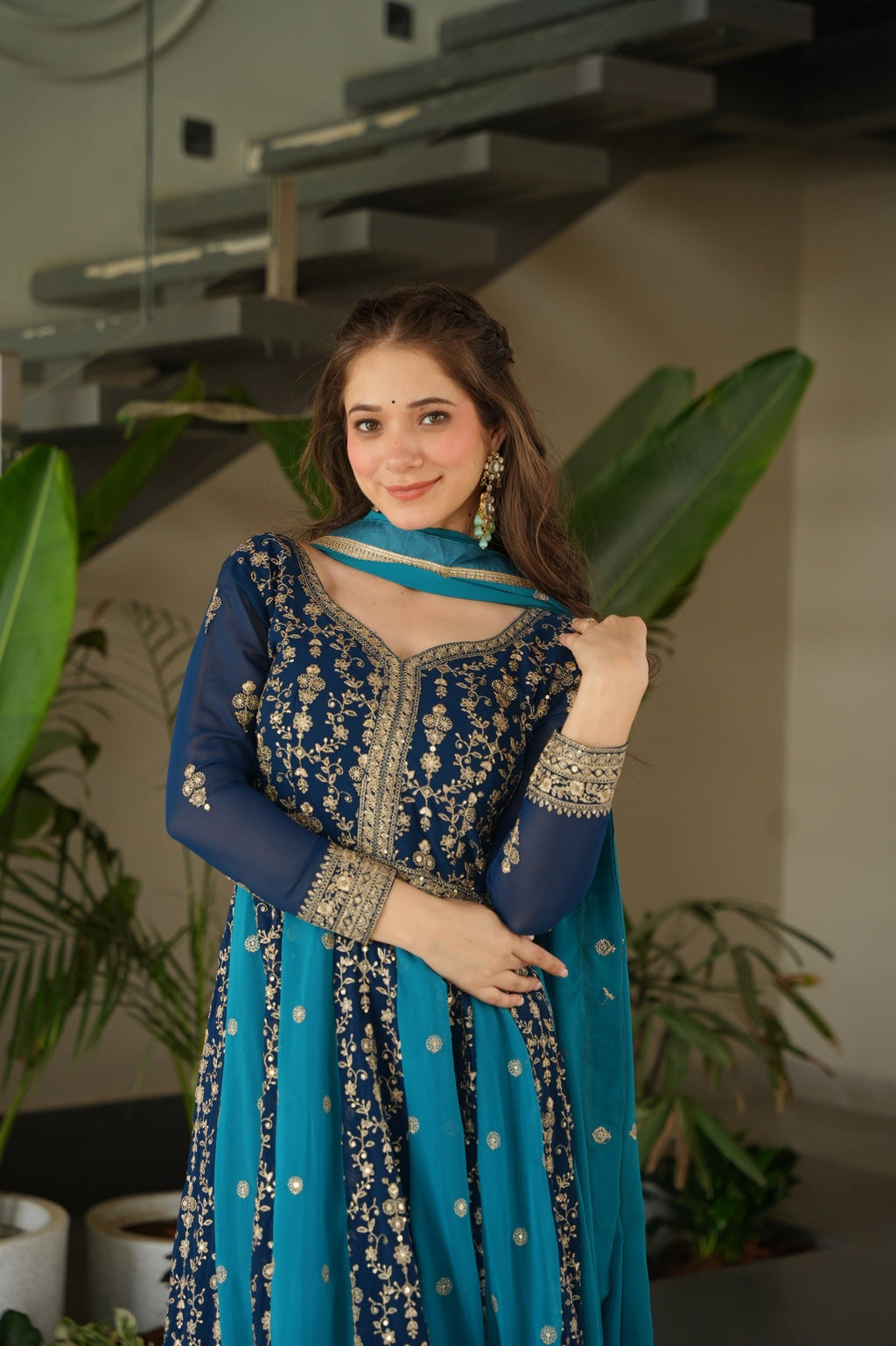 Evanik Teal Faux Georgette With Zari & Sequins Embroidered work Wedding Gown - Distacart