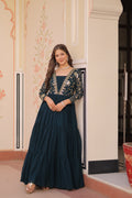 Evanik Teal Faux Blooming With Sequins & Zari Embroidered work Gown - Distacart