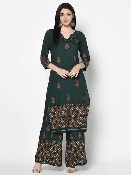 Aniyah Rayon Bottle Green Block Print Straight Kurta (AN-218K)