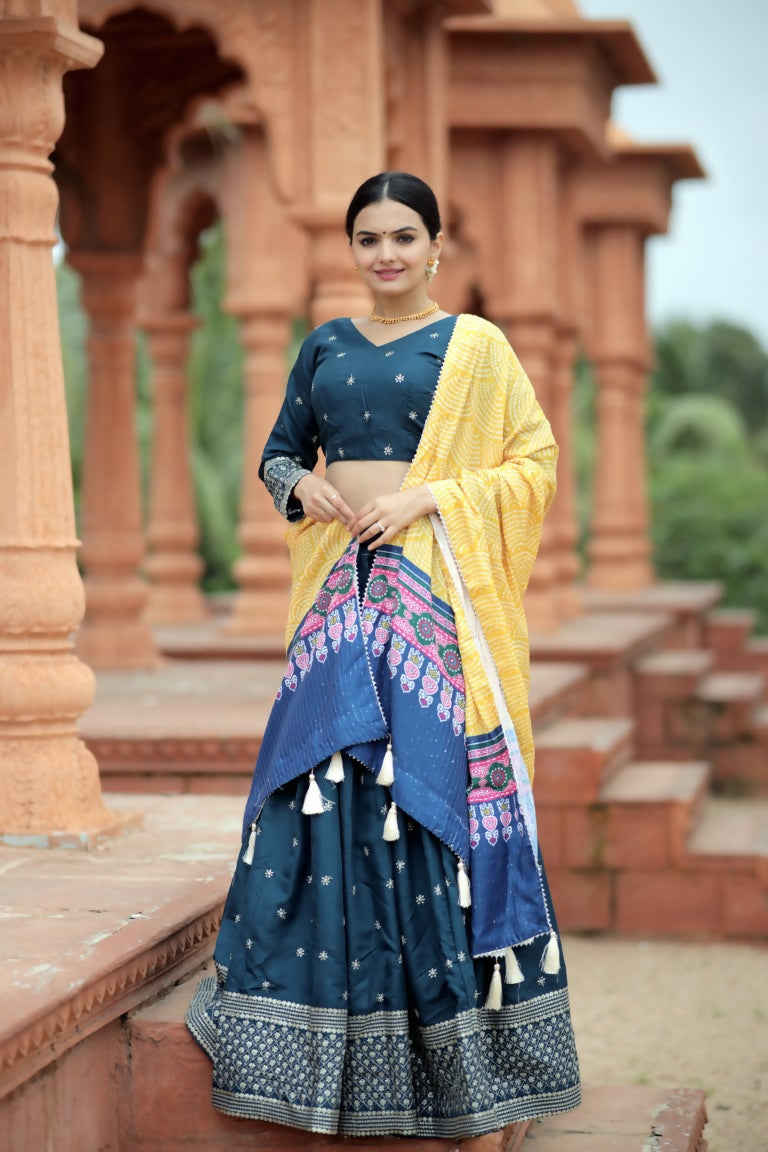 Vastranavya Navaratri Collection Myra Silk Lehenga & Blouse With Maslin Crochet Printed Dupatta Set - Turquoise
