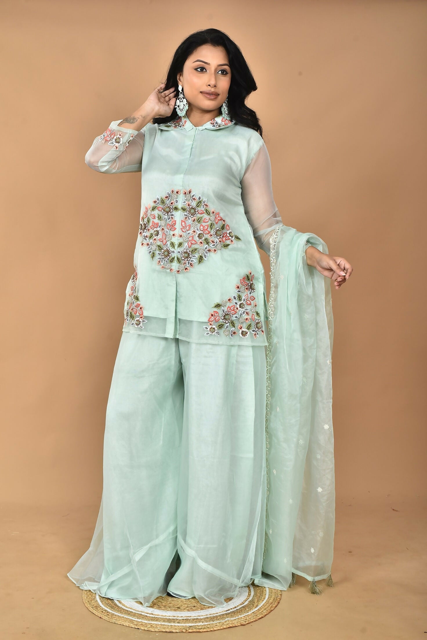 Morchari Women And Hand Embroidery Palazzo Set-Sea Green