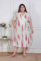 Miravan Plus Size Womens Off White Flower Printed Cotton Flex Maxi Dress