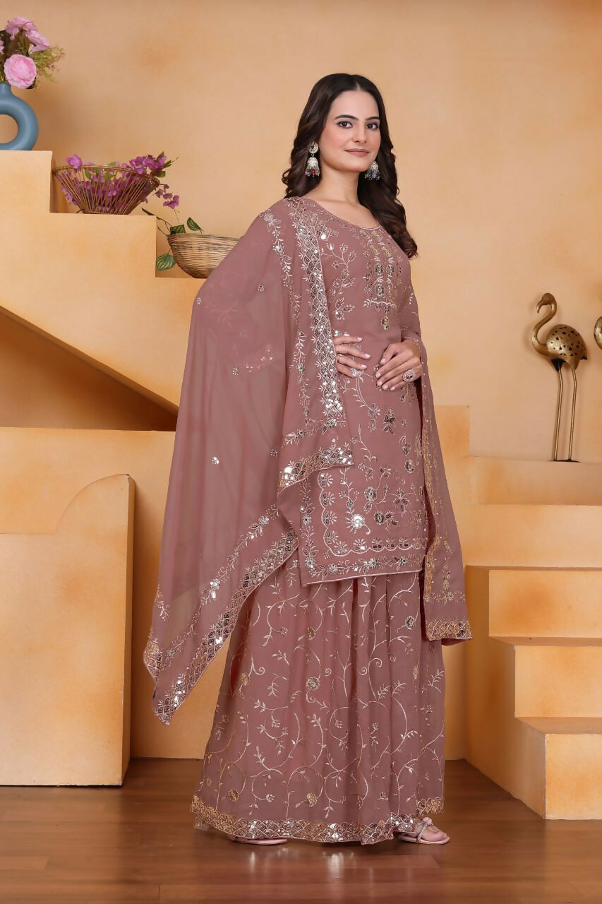 Teeya Creation Onion Color Faux Georgette Embroidery Work Wedding Wear Palazzo Set - Distacart
