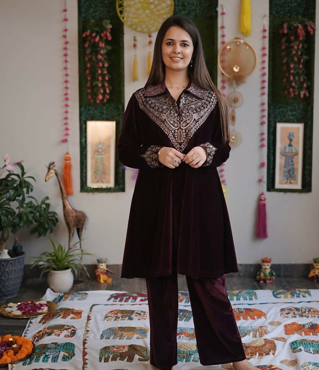 Vastranavya Purple Velvet Sequence Embroidery Work Top With Palazzo - Distacart