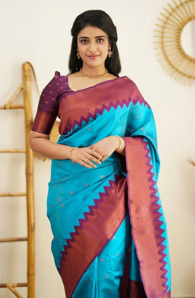 DEIANA'S Beautiful Designer Golden zari Soft Lichi Silk Saree - Firozi