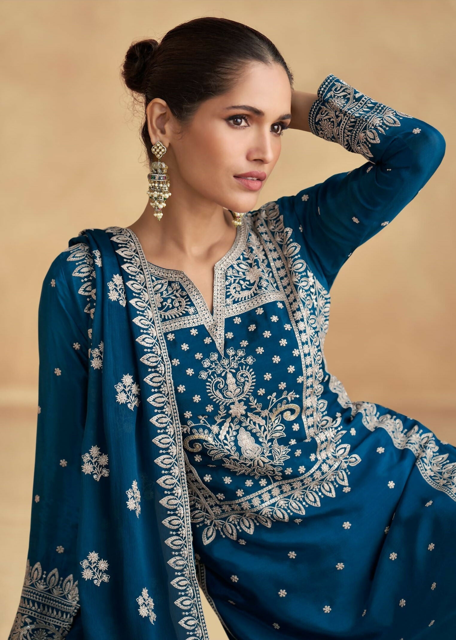 Anaita Teal Premium Chinon Embroidered Dhaga Sequence Work Ready Made Suit - Distacart