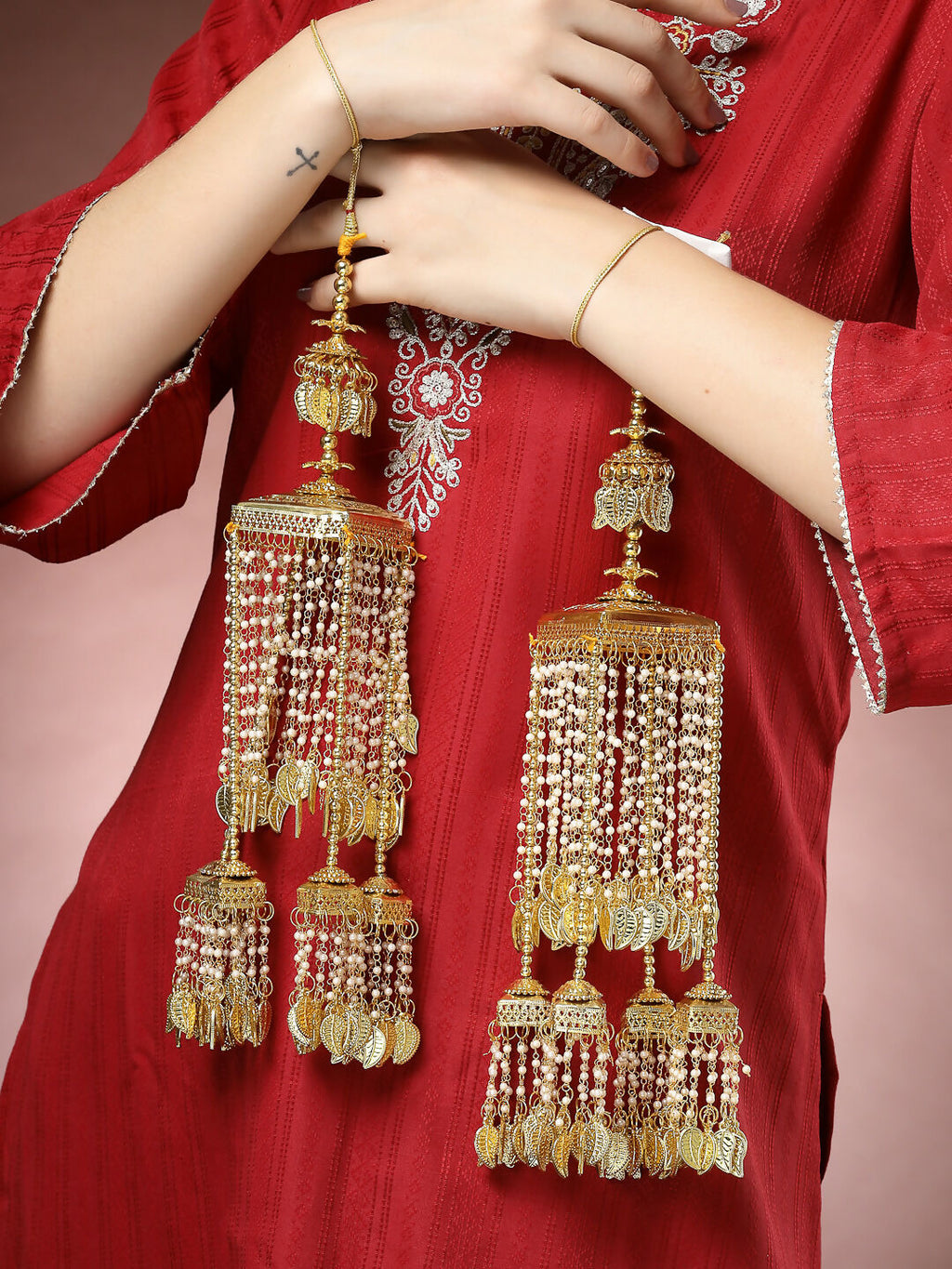 NVR Women's Pack Of 2 Gold-Polished & White Pearl Beaded Bridal Heavy Kaleera Sets - Distacart