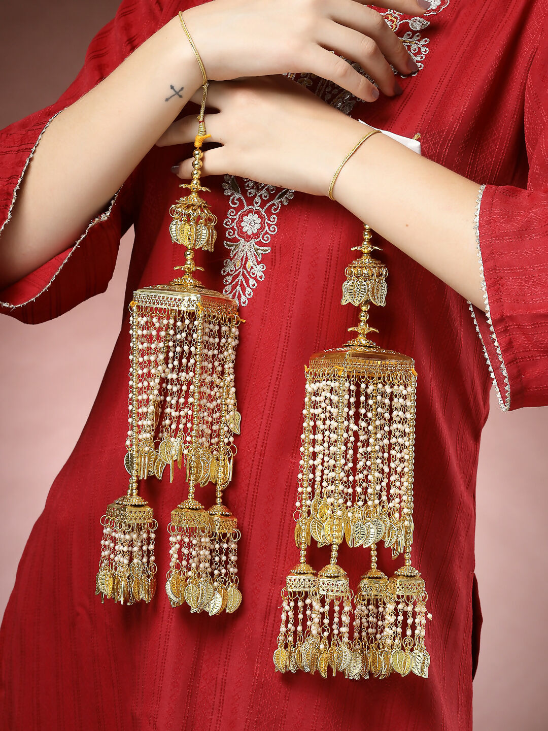 NVR Women's Pack Of 2 Gold-Polished & White Pearl Beaded Bridal Heavy Kaleera Sets - Distacart