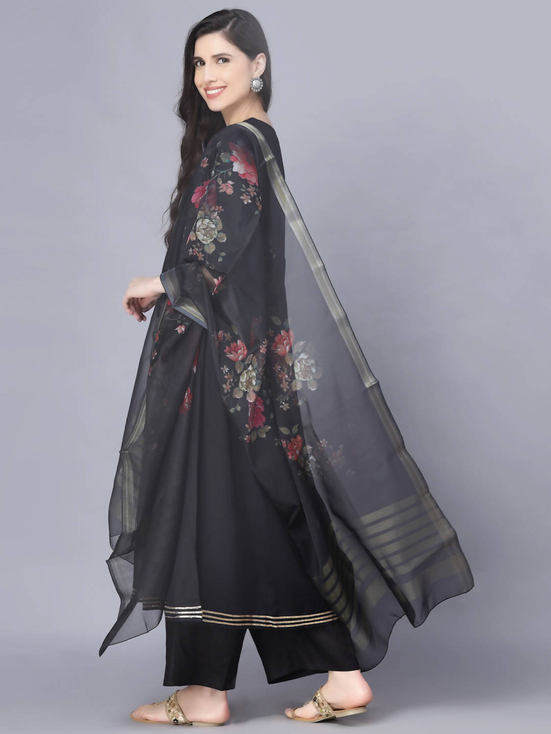 Myshka Women Black Printed Kurta with Dupatta - Distacart