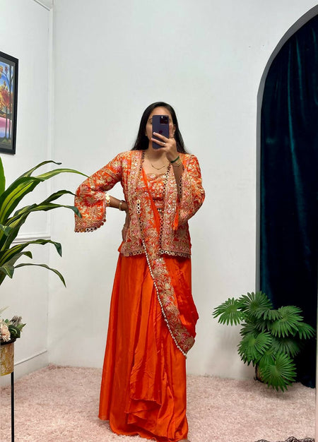 Teeya Creation Orange Color Chinon Silk Embroidery Work Ready To Wear Party Wear Saree With Koti