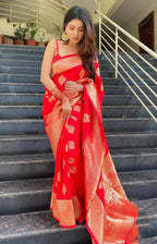 DEIANA'S Beautiful Designer Golden zari Soft Lichi Silk Saree - Red