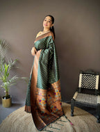 Joban Fashion Green Jacquard Butti Soft Lichi Silk Paithani Saree - Distacart