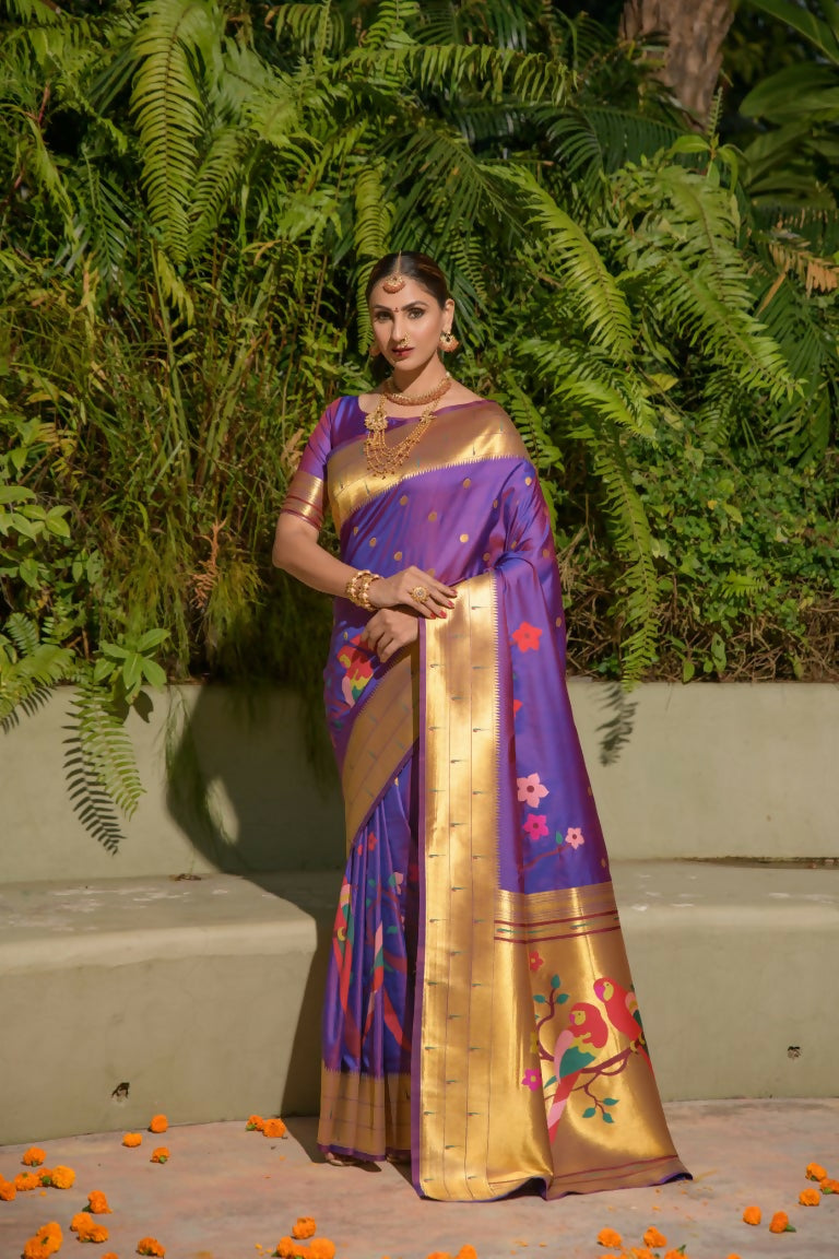 Jyoti Fashion Women's Purple Paithani Silk Zari Woven Saree with Blouse