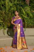 Jyoti Fashion Women's Purple Paithani Silk Zari Woven Saree with Blouse