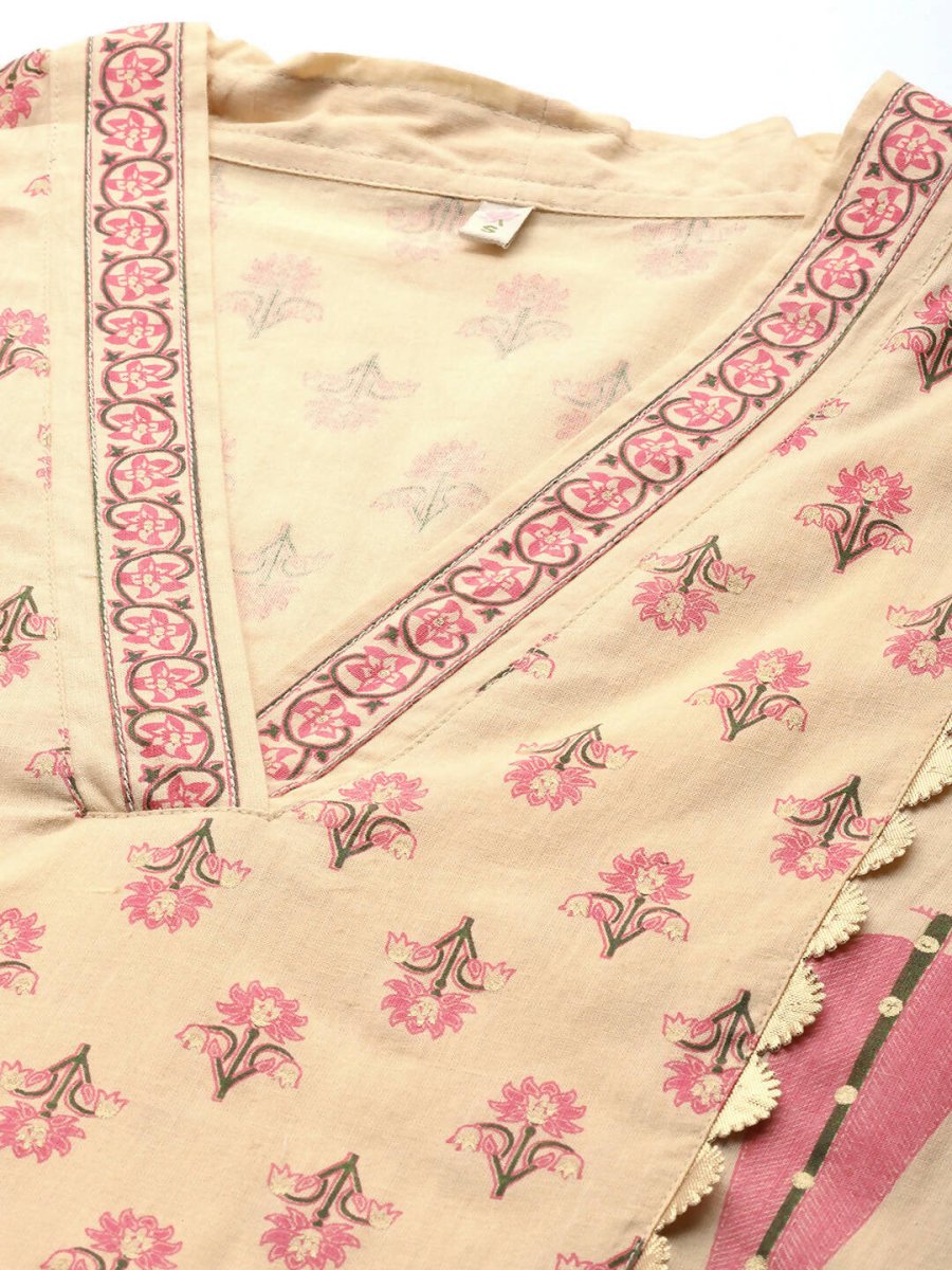 Ahalyaa Women Cream-Coloured & Pink Floral Print Pure Cotton Anarkali Kurta with Palazzos - Distacart