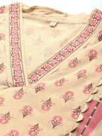 Ahalyaa Women Cream-Coloured & Pink Floral Print Pure Cotton Anarkali Kurta with Palazzos - Distacart
