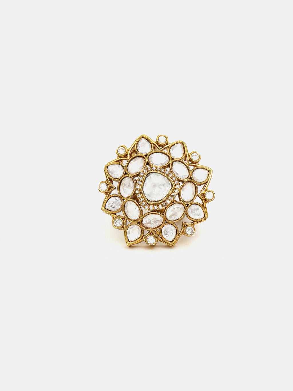 Ruby Raang Traditional Gold Polished White Kundan Ring