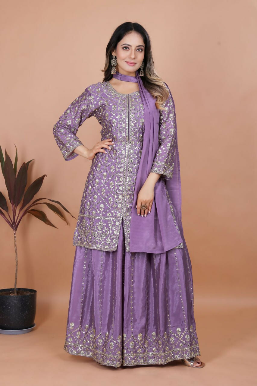 Teeya Creation Lavender Chinon Embroidery Work Party Wear Palazzo Suit - Distacart