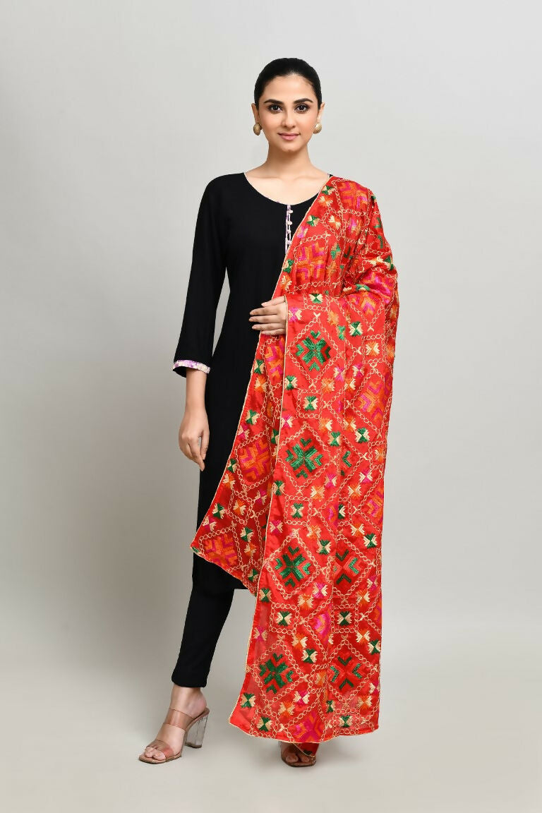 Joban Fashion Multi Color Cotton Embroidery Work Phulkari Dupatta