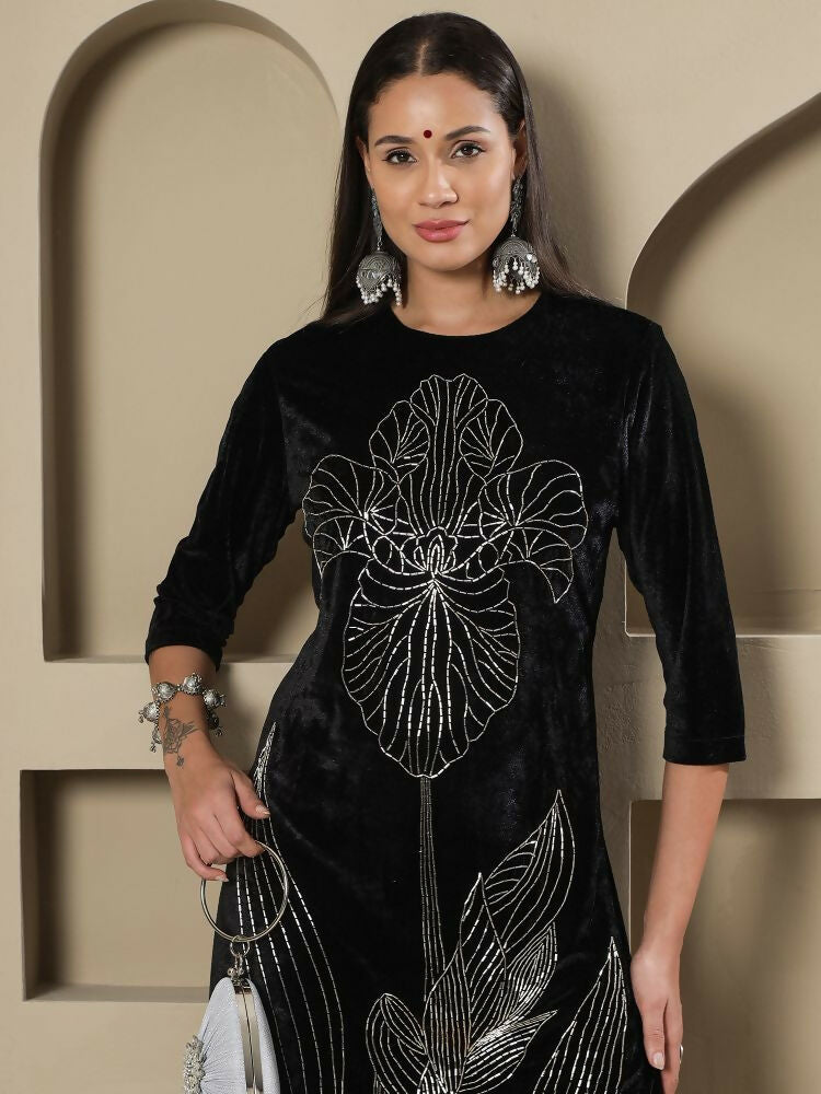 Joban Fashion Women Black Velvet Hand Embellishment Stitched Kurta Set - Distacart