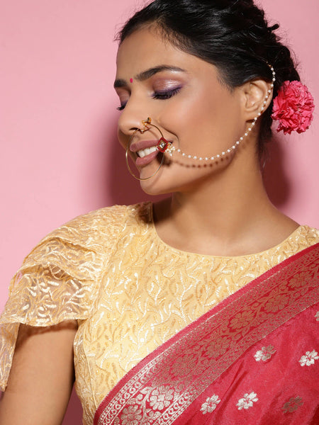 White Red Gold-Polished Kundan-Studded Beaded Nosepin - Ruby Raang