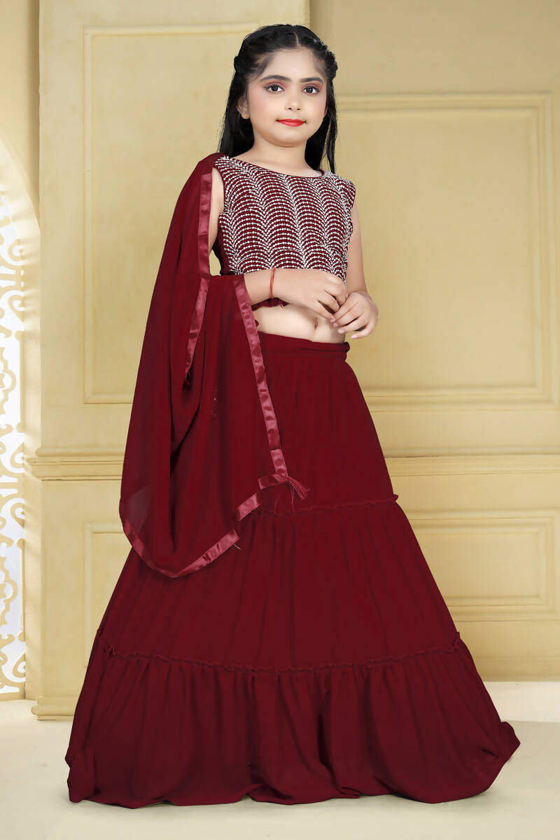 Wedding Designer Maroon Georgette Kidswear Lehenga - Aaradhna