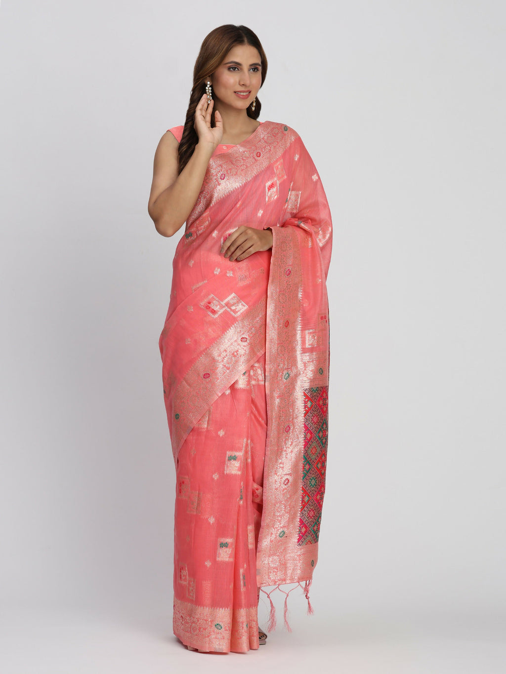 Shree Shyam Fashion Linen Cotton Peach Saree - Distacart