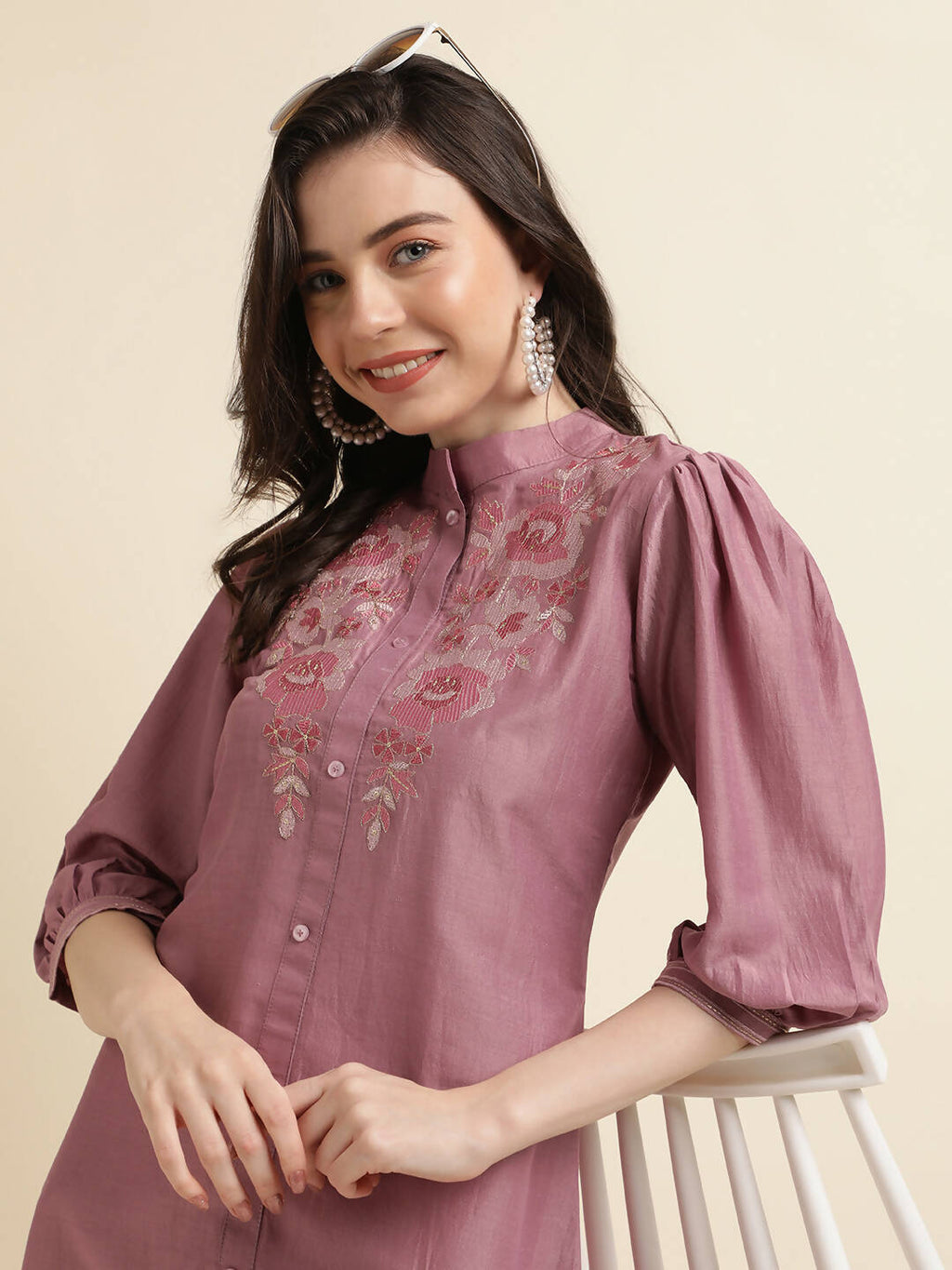 Dust Pink Chinon Yoke Embroidered A-line Top - Tarini