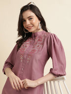 Dust Pink Chinon Yoke Embroidered A-line Top - Tarini