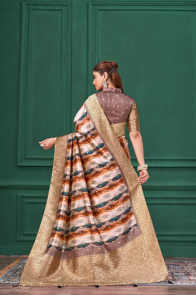 Lilac Purple Tussar Silk Jacquard Abstract Digital Print Saree with Unstitched Blouse - Mohira