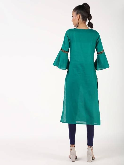 Aniyah Cotton Bell Sleeve Solid Straight Kurta In Turquoise Color (AN-147K)