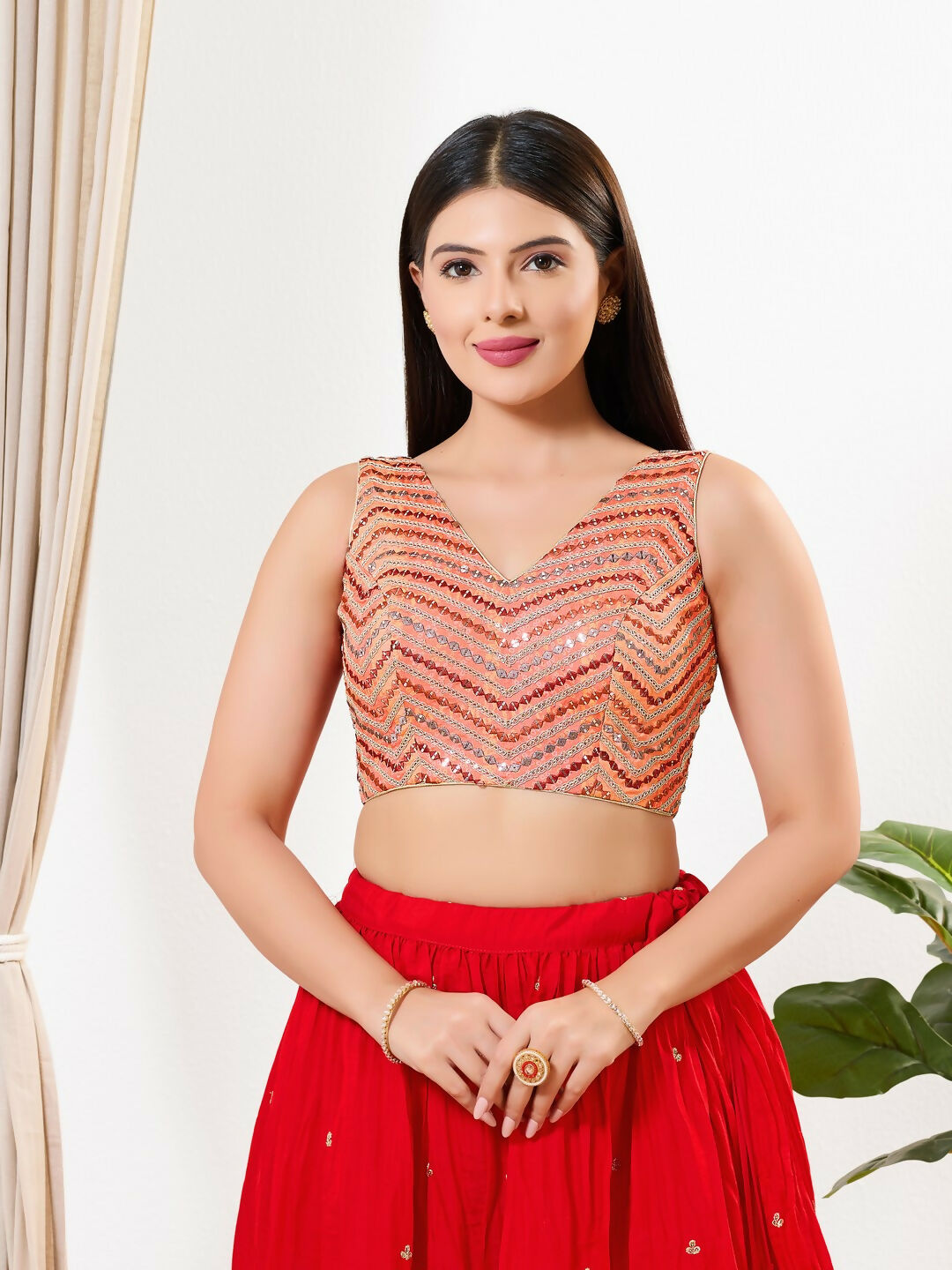 Joban Fashion Light Red Silk Padded Blouse With V Neck Sleeveless - Distacart