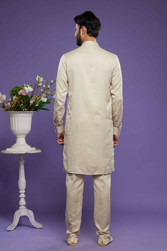 Raivat Ethnic Art Banarasi Silk Thread Work Kurta Pajama In Beige Colour