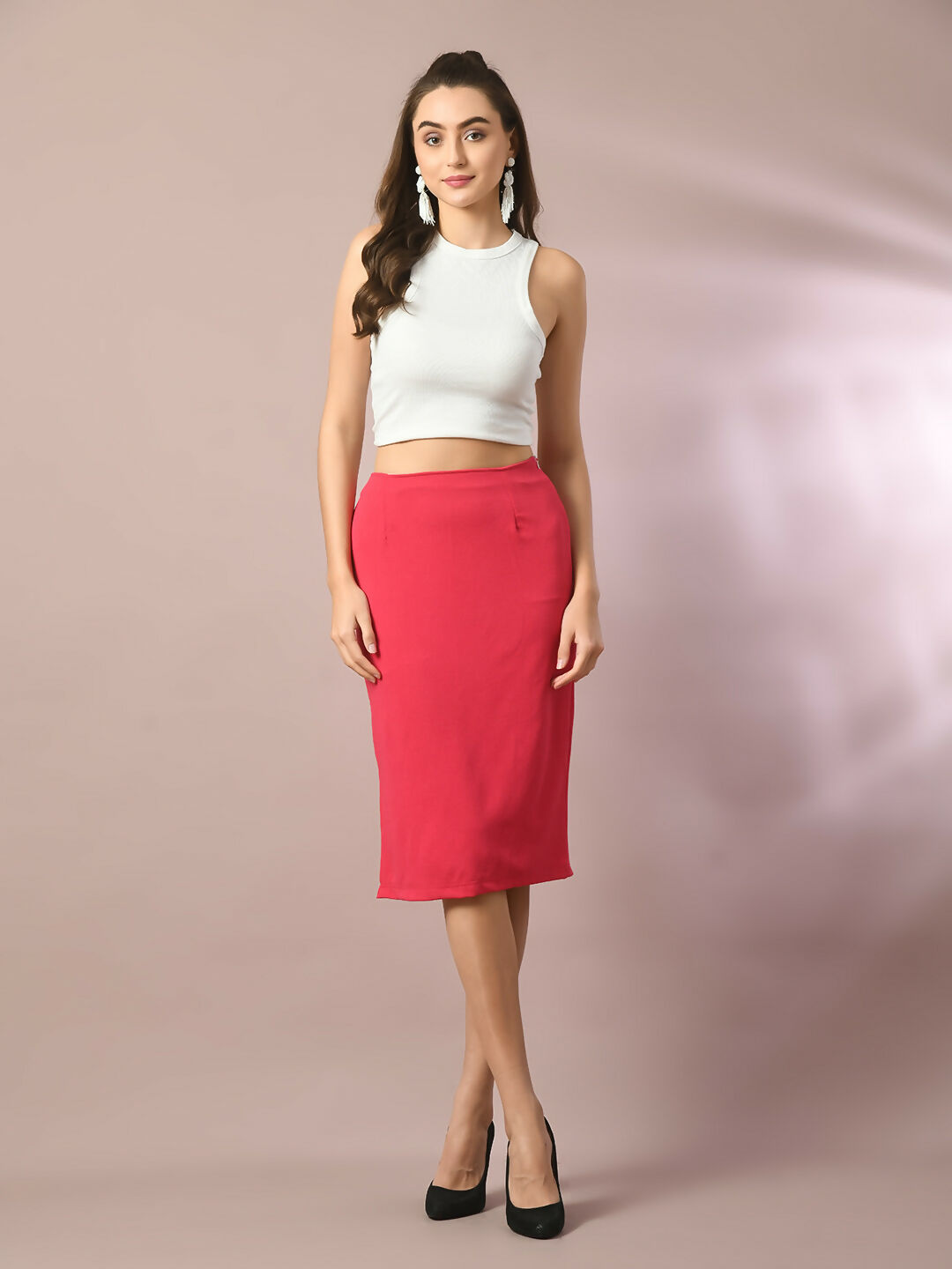 Myshka Women's Pink Solid Knee Length Party Embellished Skirts