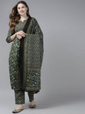 Yufta Women Olive Green Floral Yoke Design Pure Cotton Kurta with Palazzo and Dupatta