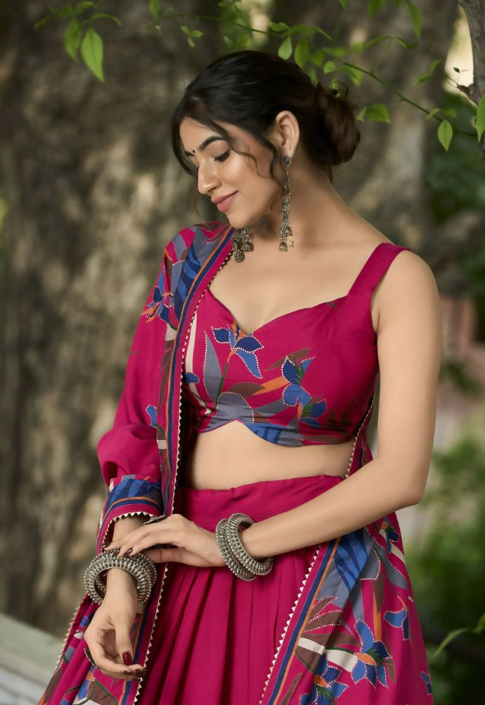 Vastranavya Polyester Viscose Chanderi Lehenga Choli With Intricate Print And Dupatta - Pink