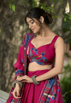 Vastranavya Polyester Viscose Chanderi Lehenga Choli With Intricate Print And Dupatta - Pink