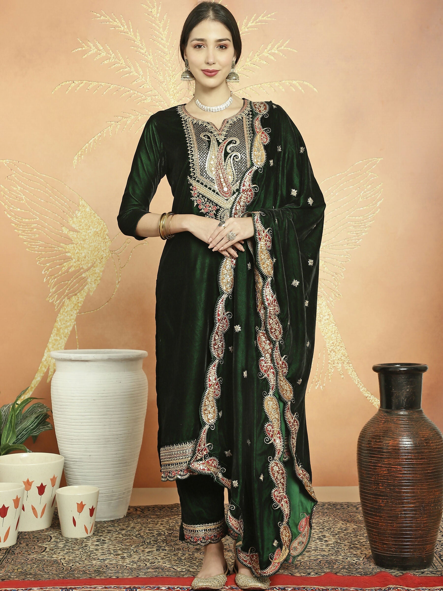 Jyoti Fashion Women's Green Velvet Cording with Resham Thread & Sequin Kurta with Trouser & Dupatta