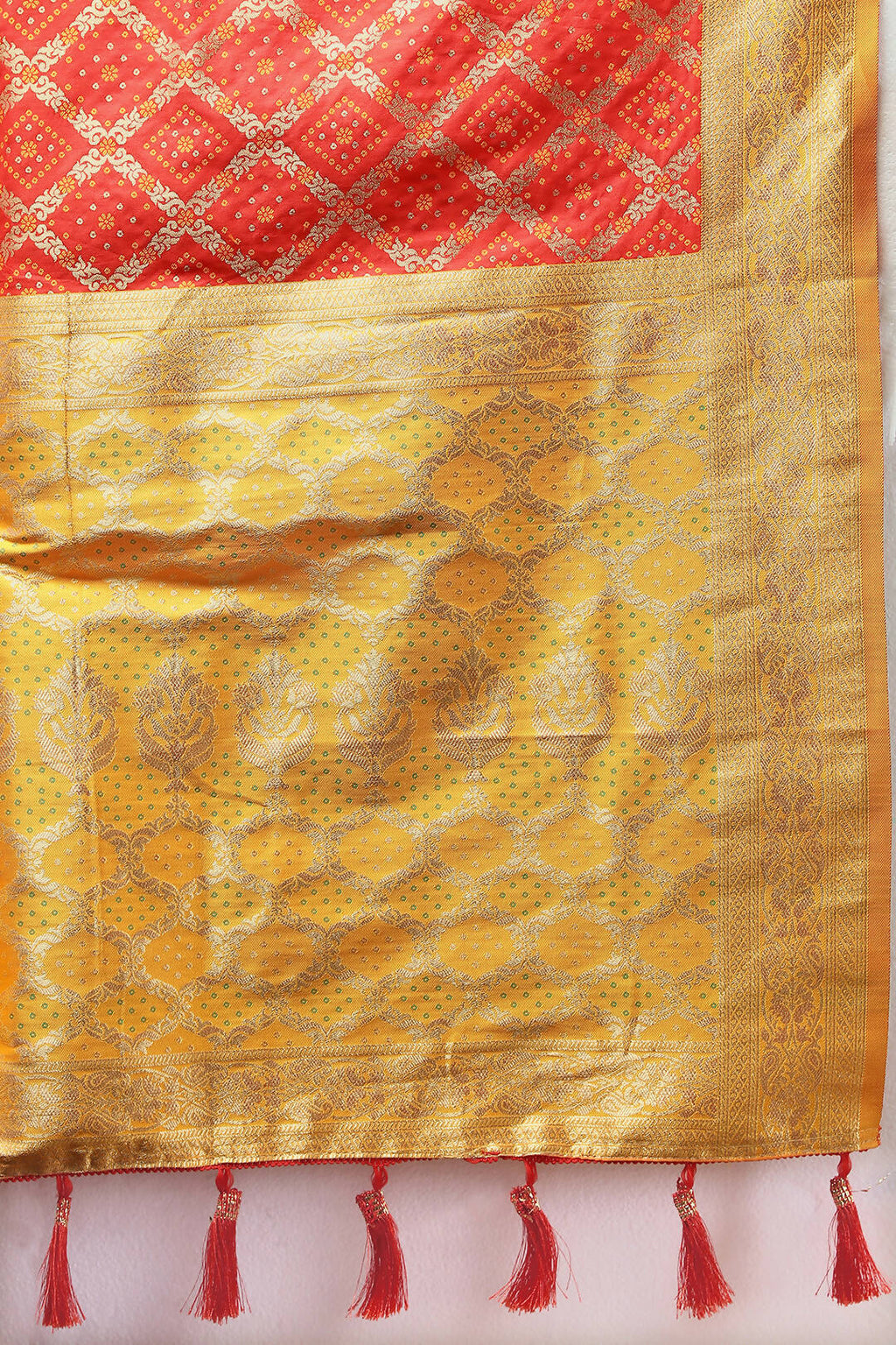 Lorenvalley Fashion Red & Yellow Patola Silk Woven Design Meenakari Weaving Saree