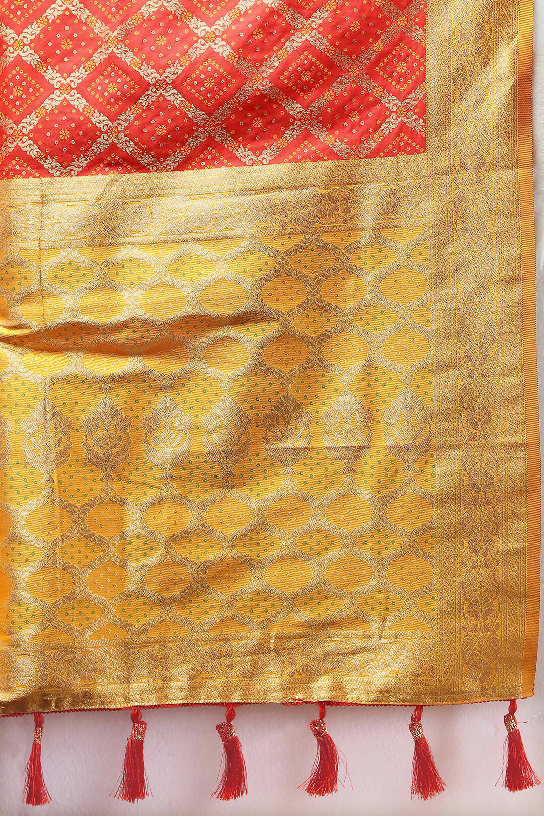 Lorenvalley Fashion Red & Yellow Patola Silk Woven Design Meenakari Weaving Saree