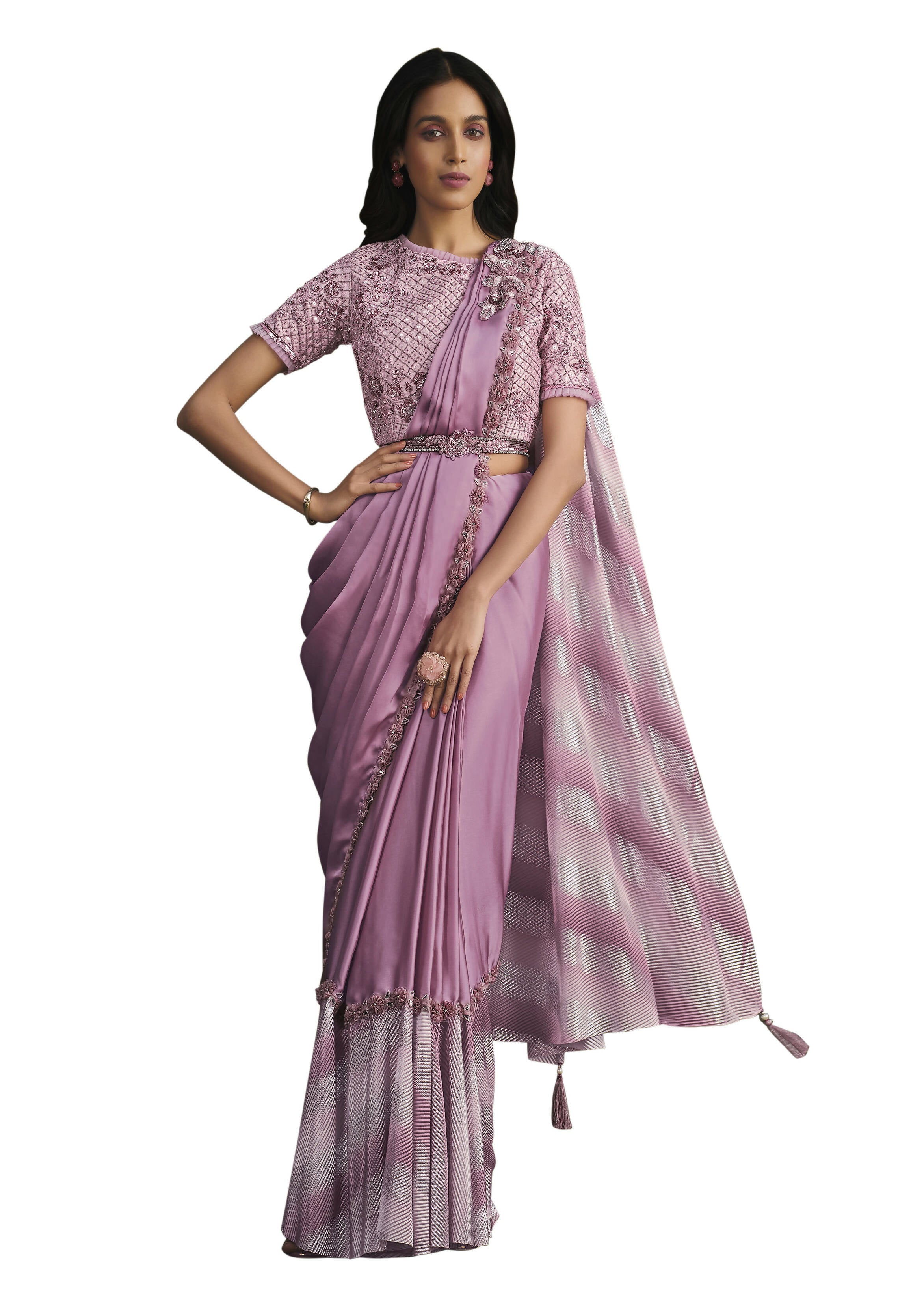 Light Purple Satin Silk Sequence Embroidered Saree With Stitched Blouse - Mohmanthan La Belle