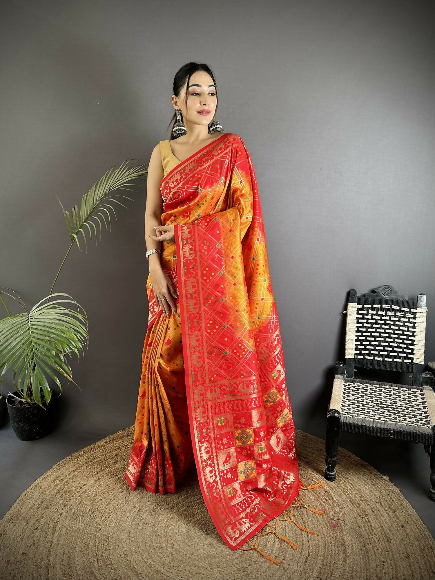 Joban Fashion Yellow And Red Geometric Pattern Soft Silk Patola Saree - Distacart