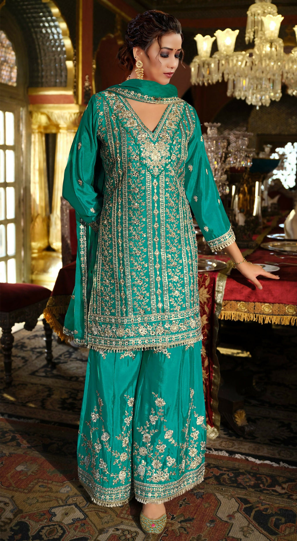 Anaita Turquoise Chinon Stitched Suit with Embroidery Codding Sequence Work - Distacart