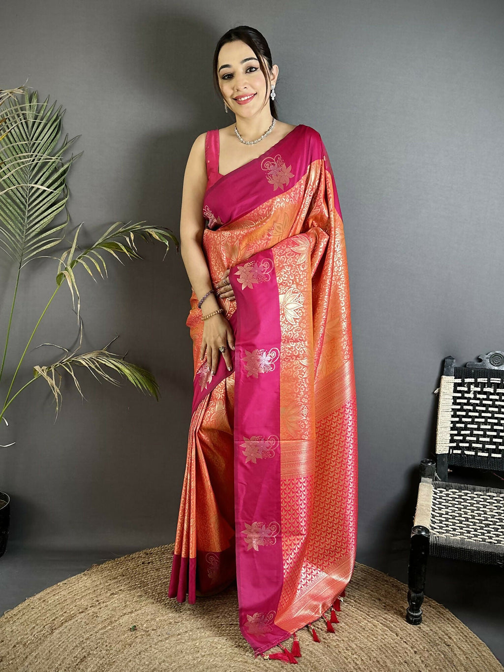 Joban Fashion Orange Intricate Zari Weaving Soft Silk Dharmavaram Saree