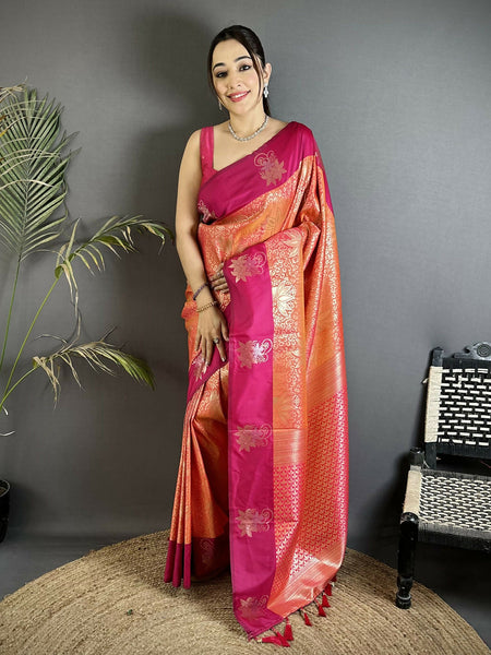 Joban Fashion Orange Intricate Zari Weaving Soft Silk Dharmavaram Saree