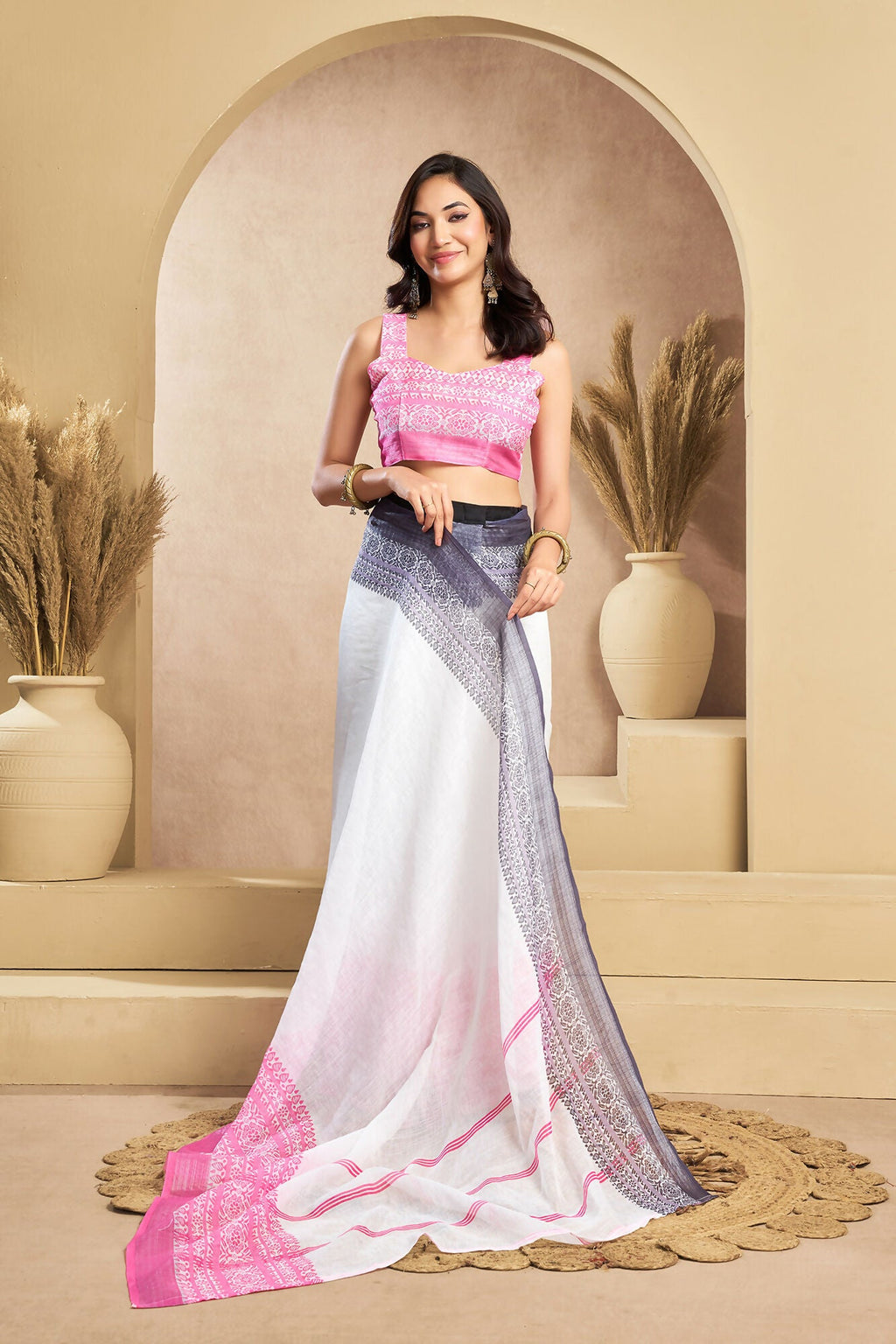 Vastranavya White Digital Printed Linen Ready To Wear Designer Saree with Unstitched Blouse - Distacart