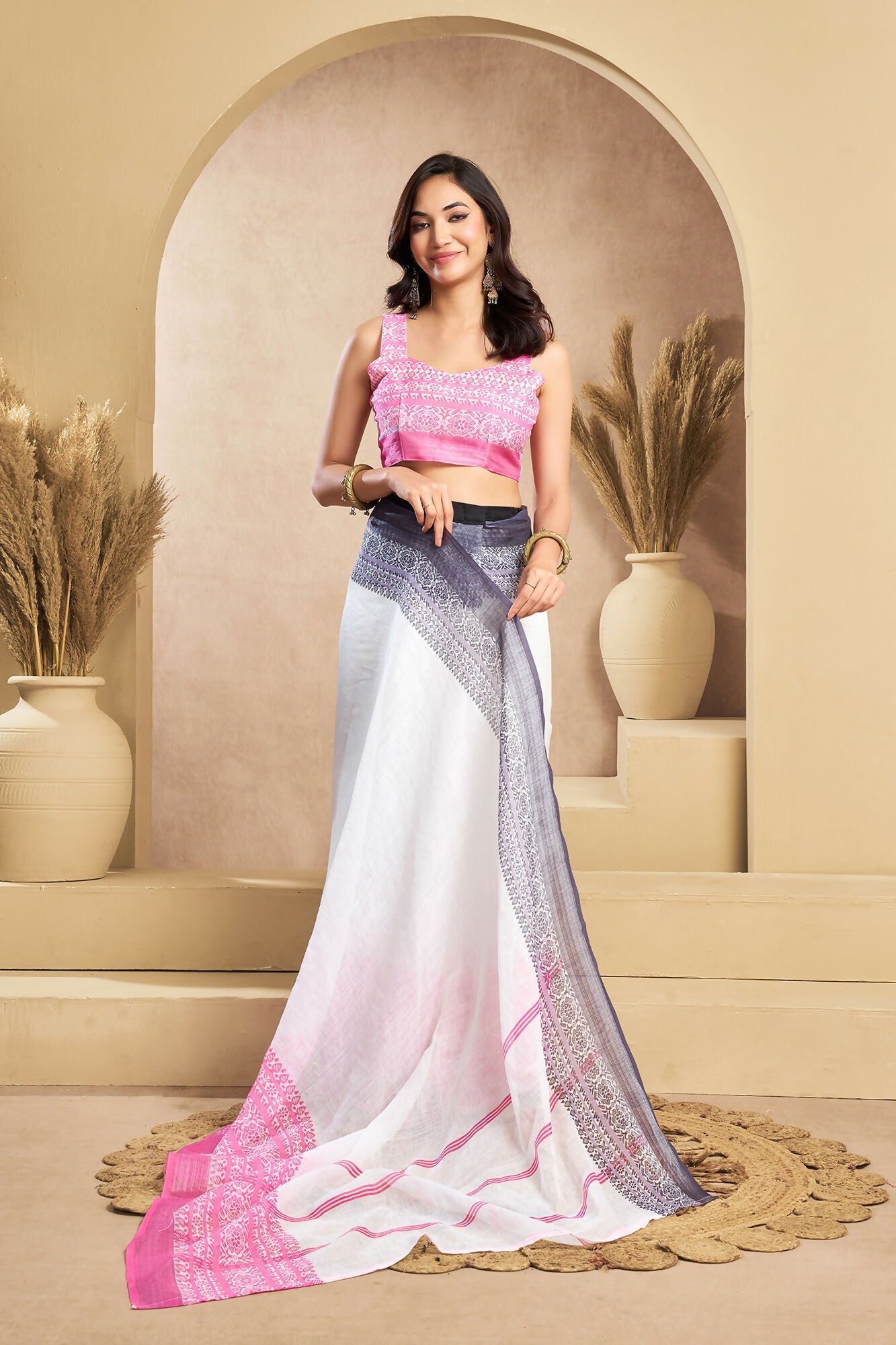Vastranavya White Digital Printed Linen Ready To Wear Designer Saree with Unstitched Blouse - Distacart